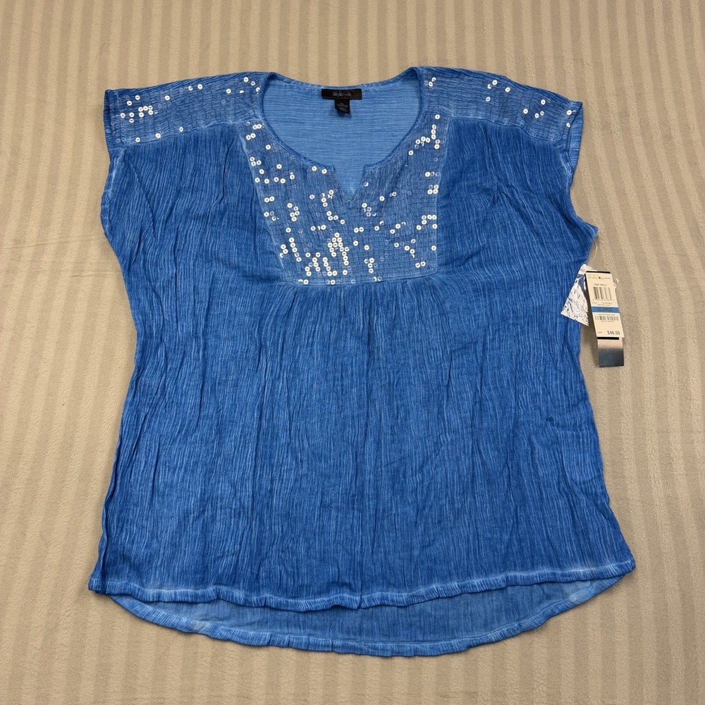 Style & Co Sz XL Blue Sequin Embellished Crinkle Blouse Slit Neck Too NWT